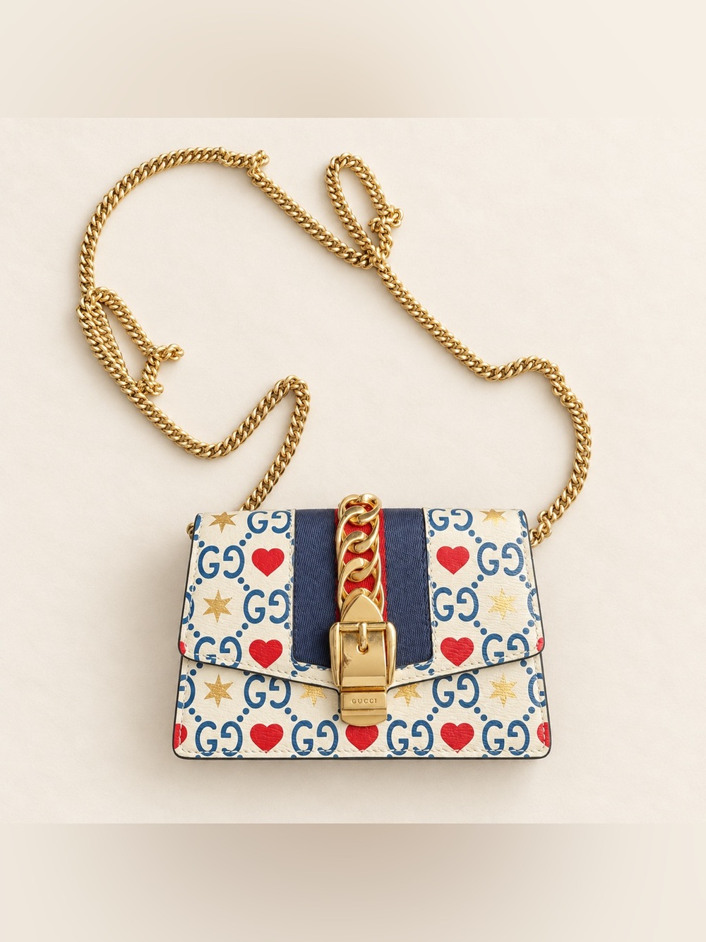 Gucci Sylvie Super Mini 494646 Heart Star GG Chain Crossbody Bag
